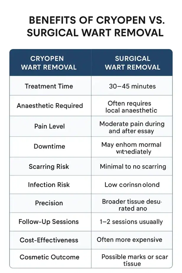 Table showing the benefits of cryopen to remove warts Bradford compared to surgical treatment